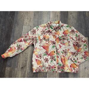 Alfred Dunner Mens Floral Butterfly Print Cotton Trucker Jacket Tan Orange Sz 16